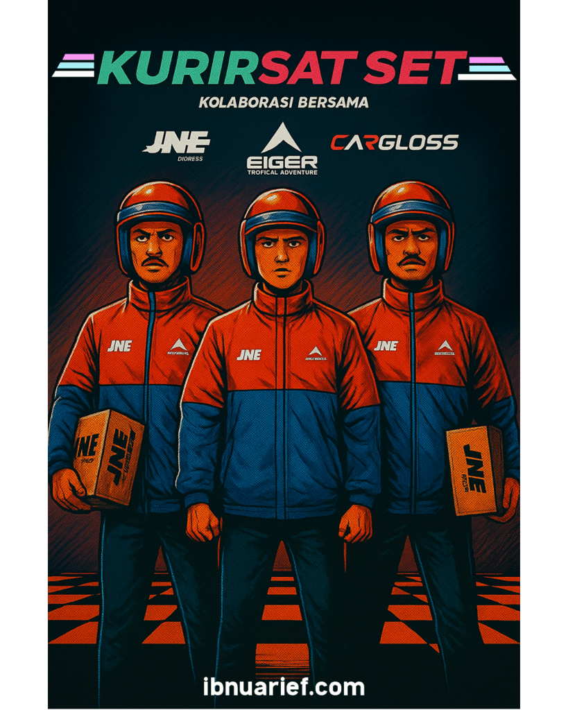 Ilustrasi digital bergaya komik yang menampilkan tiga kurir JNE berdiri dengan gagah di atas lantai kotak-kotak merah-hitam. Mereka mengenakan jaket merah dan biru serta helm merah, sambil memegang paket bertuliskan JNE. Di atas mereka, terdapat tulisan tebal “KURIR SAT SET”